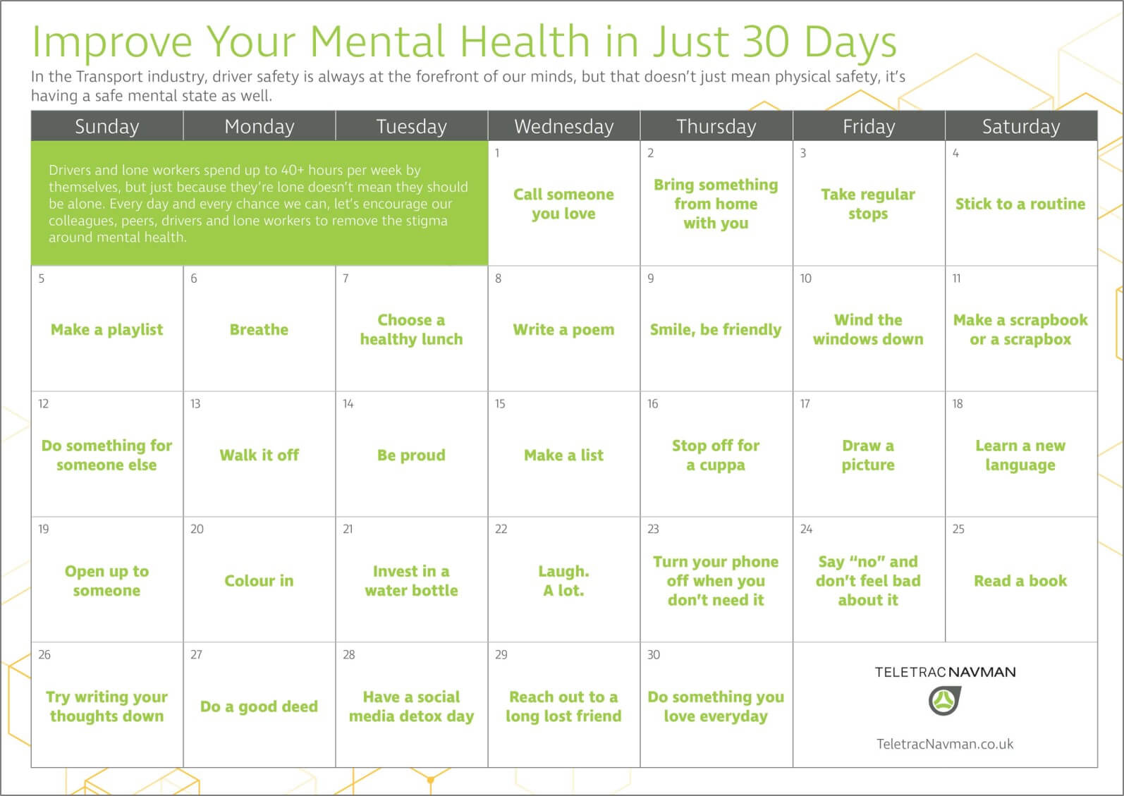 Driver Wellbeing: Improve Your Mental Health In Just 30 Days - Teletrac 